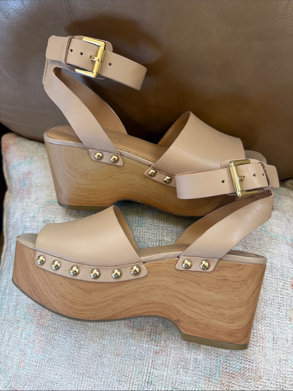 Marc Fisher Beige Leather Platform Wedge Sandals with Gold Studs